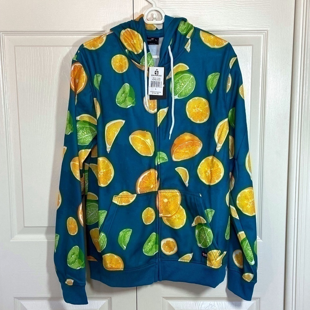 Southpole Men's Citrus Graphic Hoodie‎ Sweatshirt M Turquoise Full Zip Skater